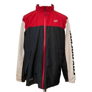 FOX RACING Men's XL Hard Shell Pit Jacket Black Gray Red Zip Hooded Windbreaker